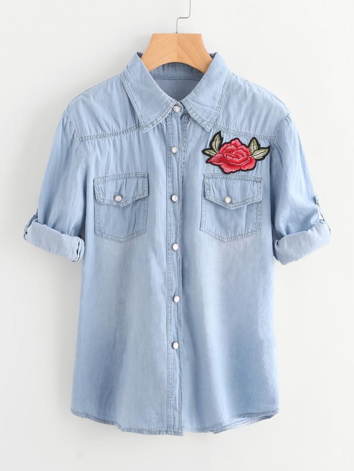 Romwe Rolled Sleeve Embroidered Rose Applique Shirt