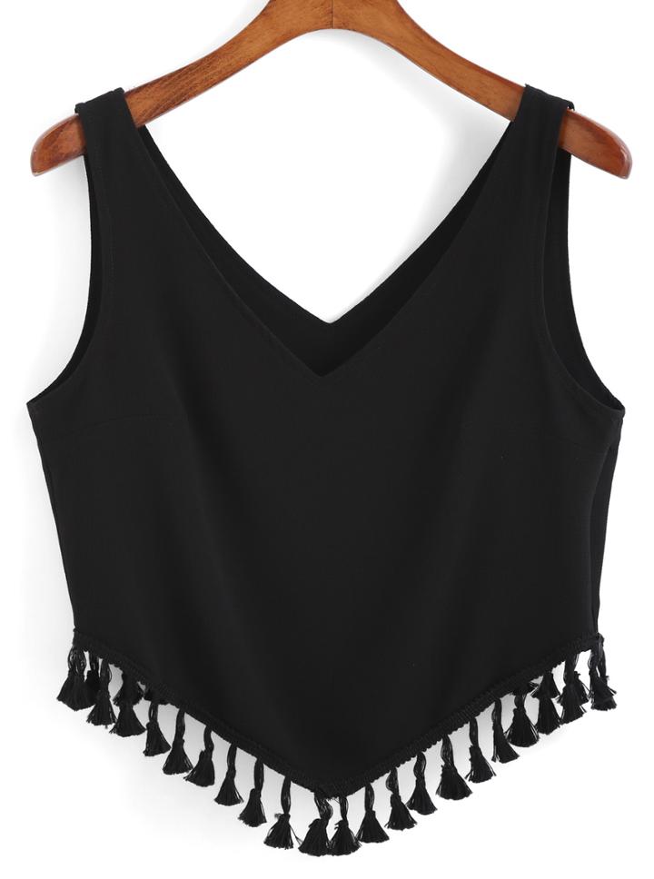 Romwe V Neck With Tassel Tank Top