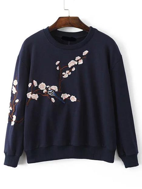Romwe Navy Flower Embroidery Drop Shoulder Sweatshirt
