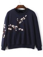 Romwe Navy Flower Embroidery Drop Shoulder Sweatshirt