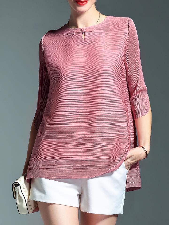 Romwe Pink Crew Neck Pleated Elastic Blouse