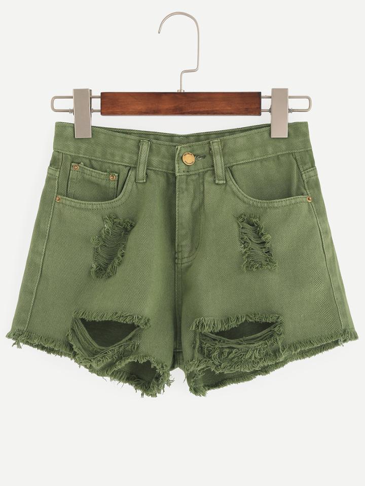 Romwe Olive Green Ripped Raw Hem Denim Shorts