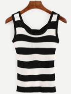 Romwe Black White Striped Lace Up Ribbed Knit Tank Top
