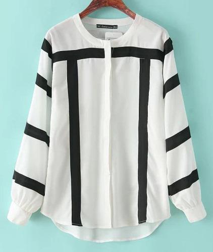 Romwe White Long Sleeve Striped Loose Chiffon Blouse