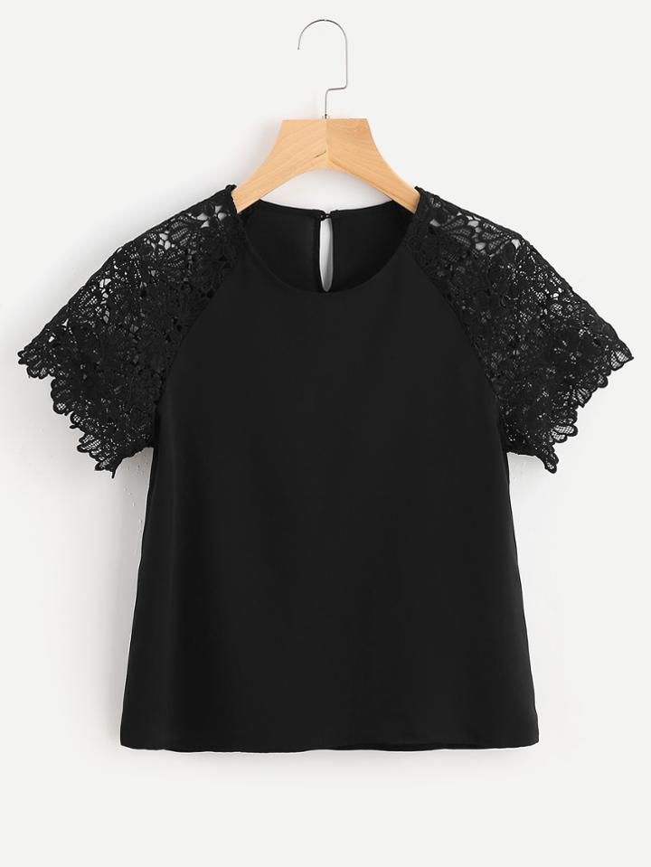 Romwe Buttoned Keyhole Back Floral Lace Raglan Sleeve Top