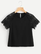 Romwe Buttoned Keyhole Back Floral Lace Raglan Sleeve Top