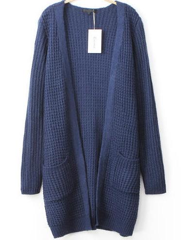 Romwe Pockets Knit Navy Cardigan