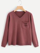 Romwe V Neckline Ripped Chest Pocket Sweater