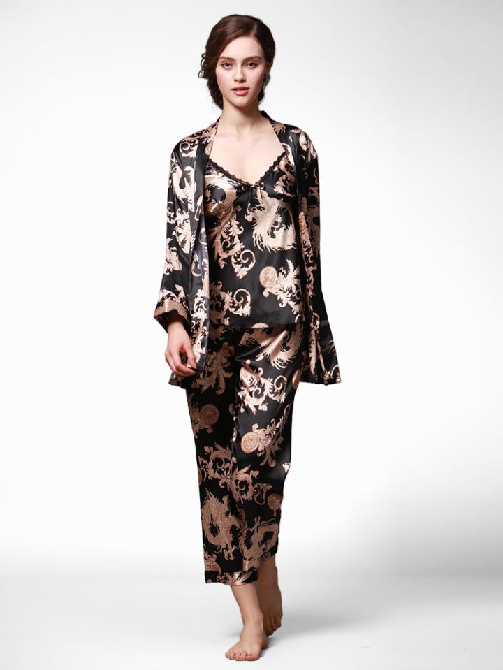 Romwe Satin Eastern Dragon Print Cami Pj Set With Robe