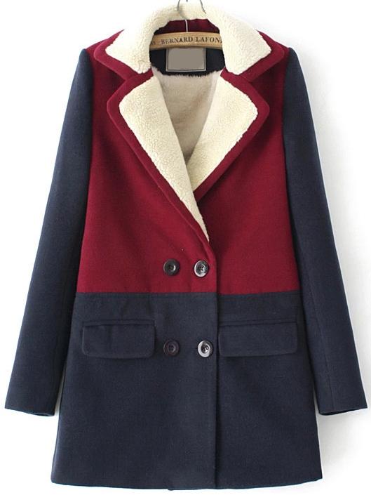Romwe Colour-block Lapel Double Breasted Coat