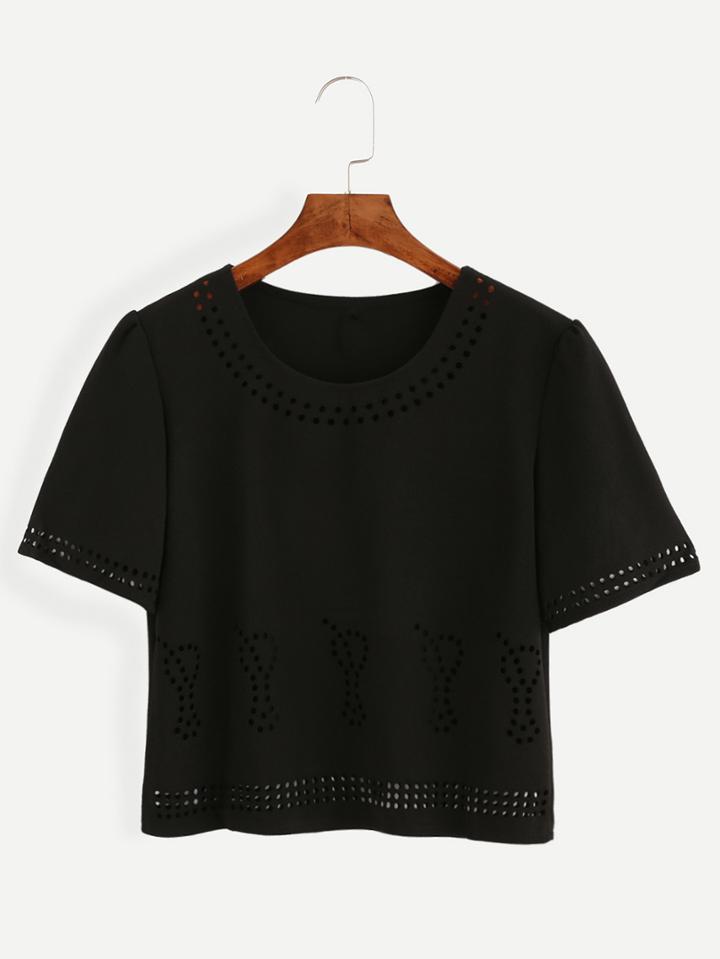 Romwe Black Laser Cut T-shirt
