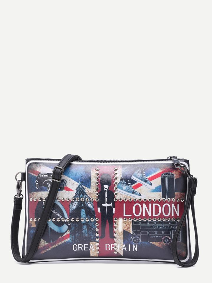 Romwe Union Jack Studded Pu Crossbody Bag