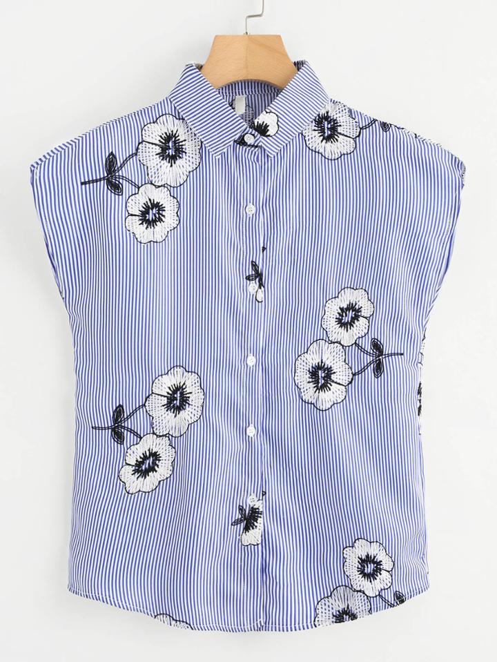 Romwe Floral Embroidered Single Breasted Striped Top