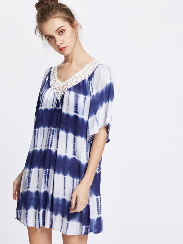 Romwe Tie Dye V Neck Contrast Lace Dress