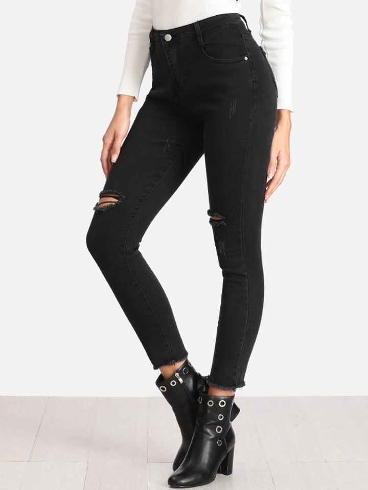 Romwe Knee Rips Raw Hem Jeans