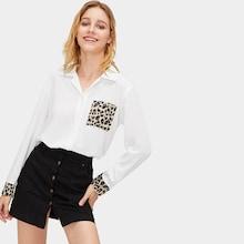 Romwe Contrast Leopard Pocket Single Breasted Blouse