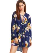 Romwe Navy Cut Out Front Floral Dress