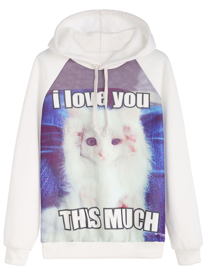 Romwe White Cat Letter Print Raglan Sleeve Hooded Sweatshirt