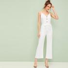 Romwe Solid Half Button Belted Cami Jumpsuit