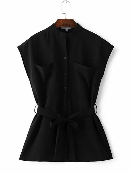 Romwe Black Cap Sleeve Band Collar Pocket Blouse With Belt