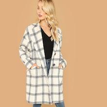 Romwe Double Button Pocket Plaid Coat