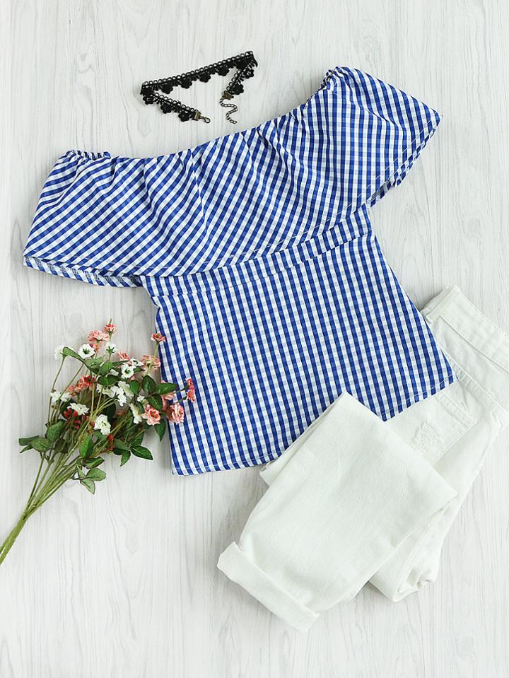 Romwe Flounce Layered Neckline Checked Blouse