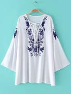 Romwe White Bell Sleeve Lace Up Front Print Blouse