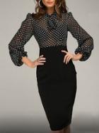 Romwe Black Long Sleeve Polka Dot Tie Dress