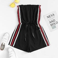 Romwe Tie Waist Striped Tape Side Tube Romper