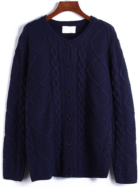 Romwe Round Neck Cable Knit Buttons Blue Coat