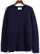Romwe Round Neck Cable Knit Buttons Blue Coat