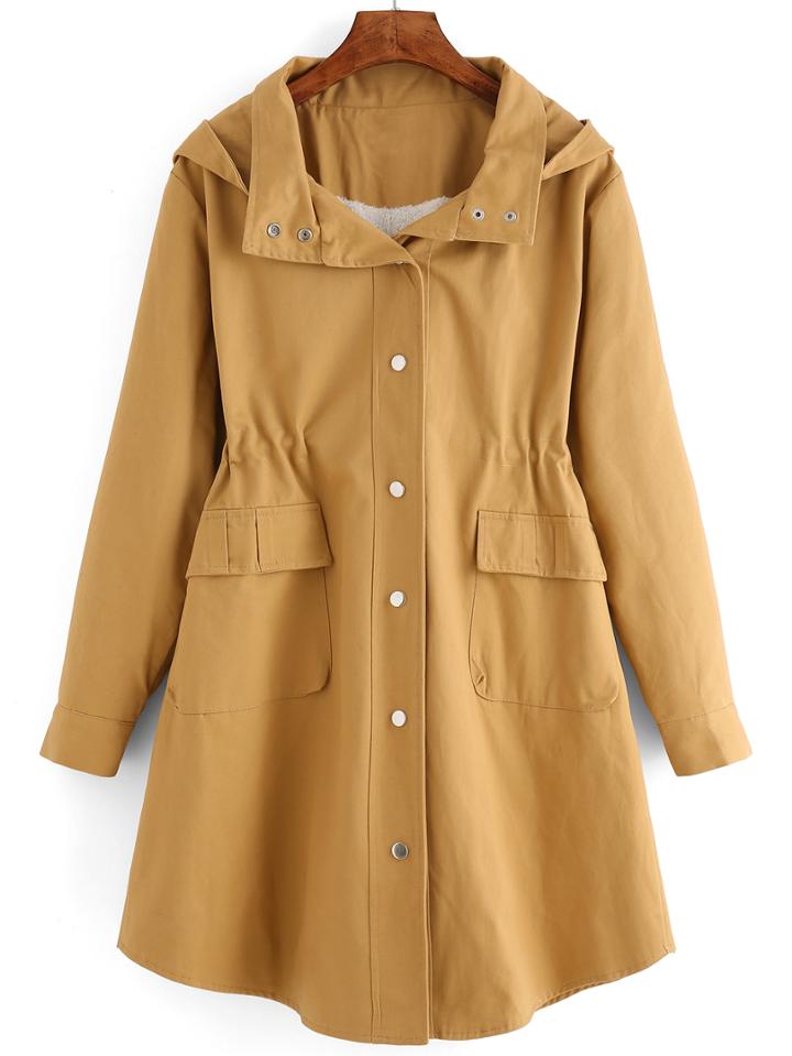 Romwe Khaki Hooded Pocket Drawstring Coat