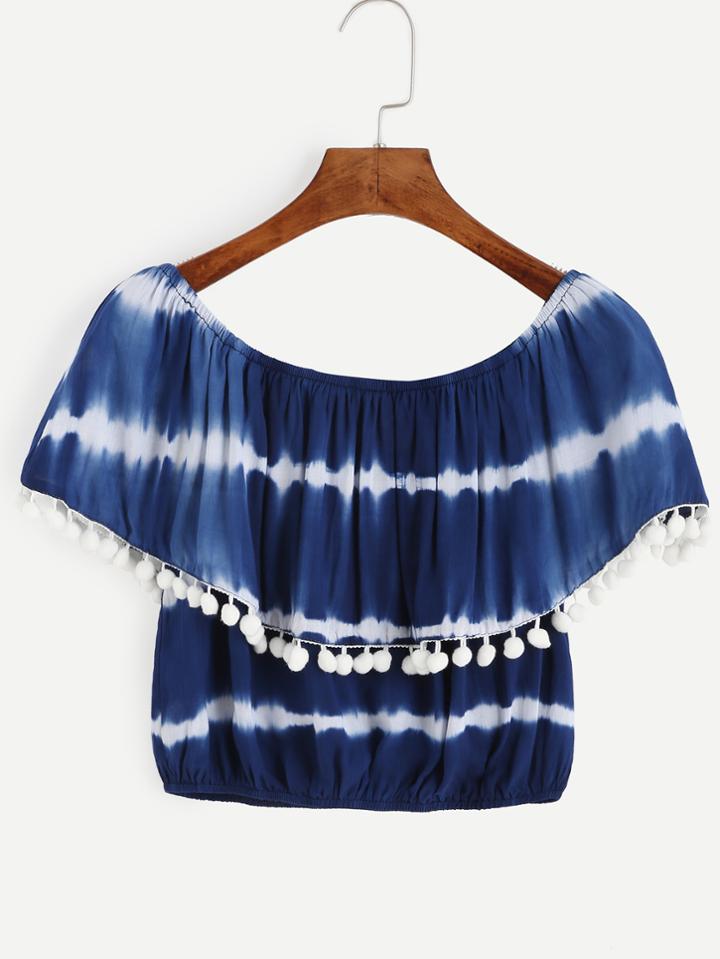 Romwe Navy Tie Dye Print Pom Pom Trim Blouse