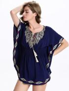 Romwe Navy Tassel Tie Shirred Embroidered Poncho Blouse
