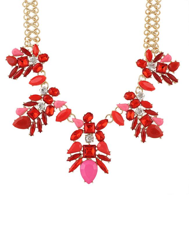 Romwe Red Rhinestone Flower Statement Necklace
