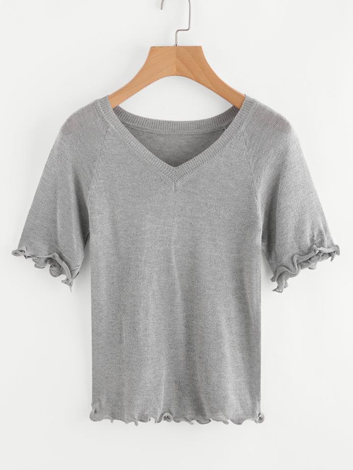 Romwe V Neckline Lettuce Edge Trim Tee