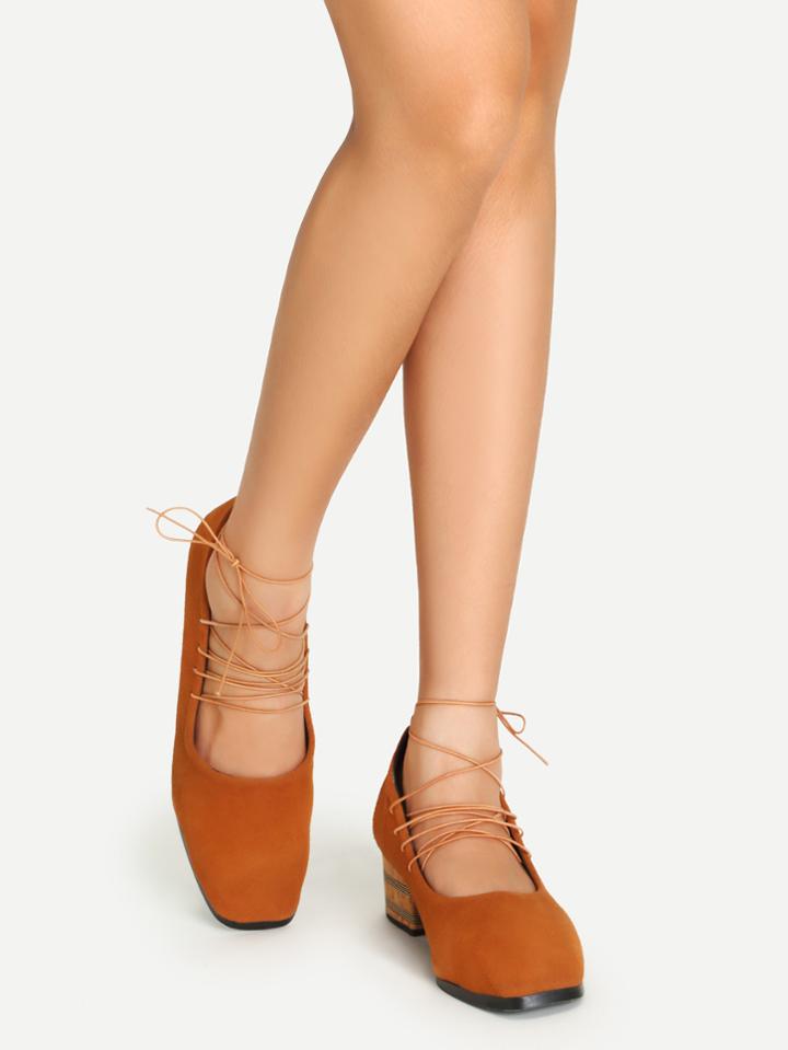 Romwe Brown Faux Suede Lace Up Cork Heel Shoes