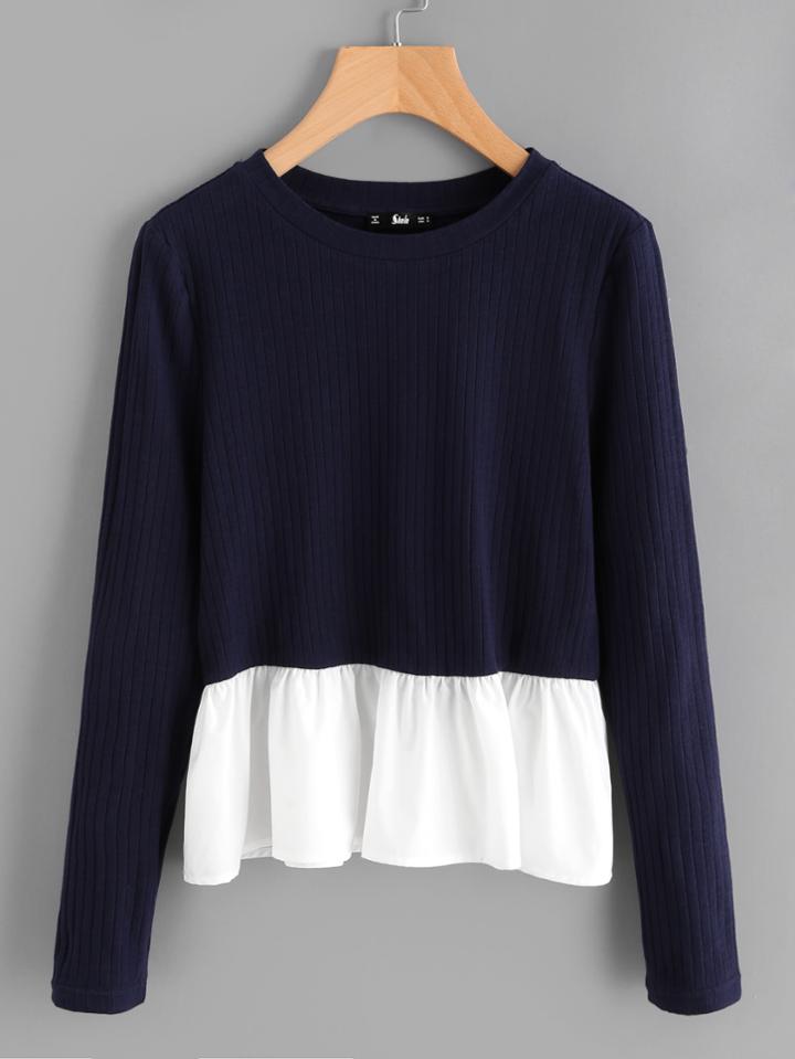 Romwe Contrast Frill Trim Rib Knit T-shirt