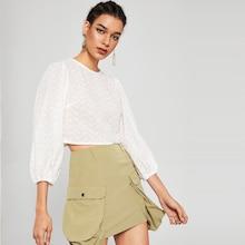 Romwe Crop Zip Back Embroidery Eyelet Blouse