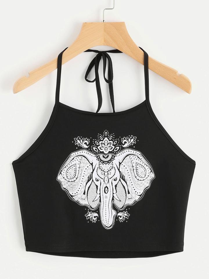 Romwe Halter Neck Elephant Print Cami Top