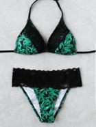 Romwe Green Leaf Print Lace Trim Triangle Bikini Set