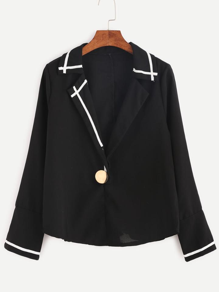 Romwe Black Contrast Tape Blouse With Button Detail