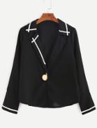 Romwe Black Contrast Tape Blouse With Button Detail