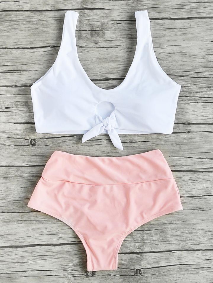 Romwe Two Tone Knot Detail Tankini Set