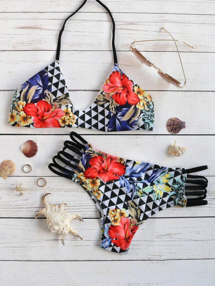 Romwe Floral Print Ladder Cutout Halter Bikini Set