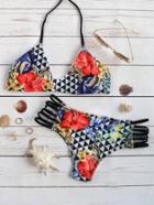 Romwe Floral Print Ladder Cutout Halter Bikini Set