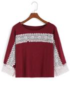Romwe Contrast Lace Crop Red T-shirt
