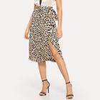 Romwe Leopard Print Tie Waist Split Side Skirt