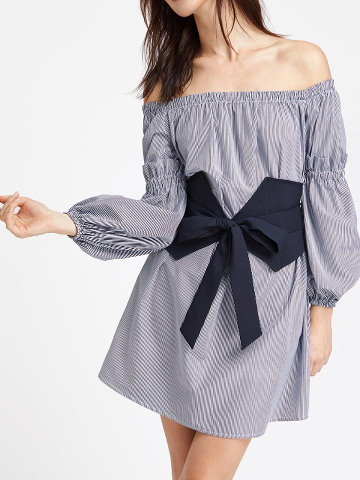 Romwe Off Shoulder Shirred Ruffle Detail Bishop Sleeve Belt Dress