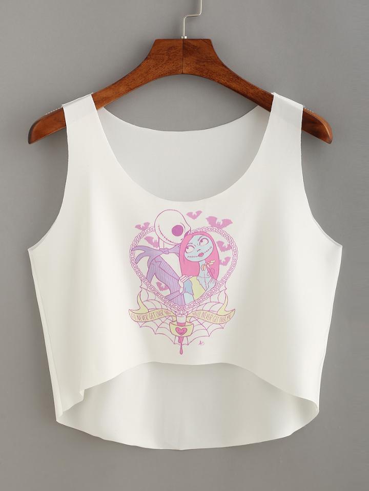 Romwe Cartoon Print High-low Crop Tank Top